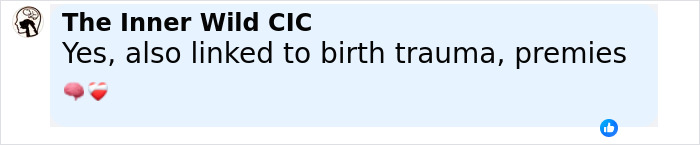 Screenshot of a social media comment from The Inner Wild CIC discussing links to birth trauma and prematurity. Screenshot of a social media comment from The Inner Wild CIC discussing links to birth trauma and prematurity.