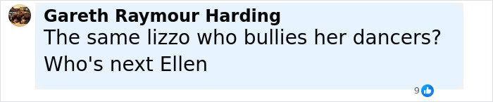 Comment by Gareth Raymour Harding questioning Lizzo's behavior, referencing Sydney Sweeney ad controversy and parody.