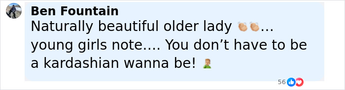 Comment from a fan praising Jamie Lee Curtis as a naturally beautiful older lady in response to viral cleavage memes.