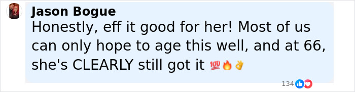 Screenshot of a fan comment praising Jamie Lee Curtis for her viral cleavage moment, highlighting admiration at age 66.