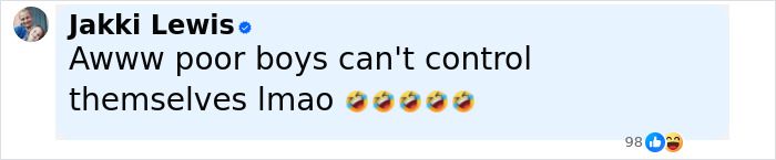 Comment from Jakki Lewis reacting humorously to fan memes about Jamie Lee Curtis viral cleavage moment.