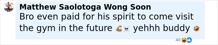 Comment about man spending $120k on gym membership and joking about spirit visiting the gym in the future with emojis. Comment about man spending $120k on gym membership and joking about spirit visiting the gym in the future with emojis.