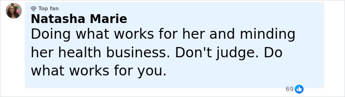 Comment by Natasha Marie supporting Serena Williams&rsquo; weight loss transformation and personal health choices.