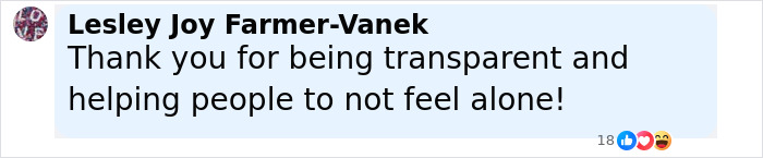 Comment by Lesley Joy Farmer-Vanek expressing gratitude for transparency and support, relating to Serena Williams weight loss jabs.