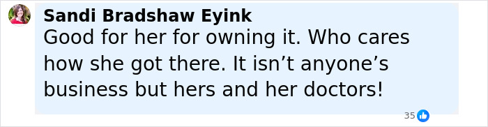 Comment by Sandi Bradshaw Eyink supporting Serena Williams using weight loss jabs for her dramatic transformation.