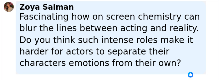 Comment by Zoya Salman discussing how on screen chemistry can blur lines between acting and reality, related to Alicia Silverstone kissing co-star. Comment by Zoya Salman discussing how on screen chemistry can blur lines between acting and reality, related to Alicia Silverstone kissing co-star.