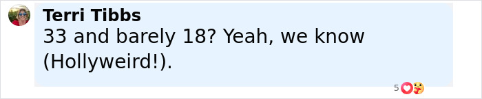 Comment by Terri Tibbs questioning age difference, saying 33 and barely 18, with a shocked emoji reaction. Comment by Terri Tibbs questioning age difference, saying 33 and barely 18, with a shocked emoji reaction.