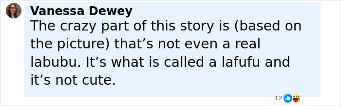 Comment by Vanessa Dewey discussing the mistaken identity of a labubu doll, clarifying it is a lafufu instead.
