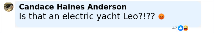 Comment asking if the yacht Leonardo DiCaprio is on is electric, expressing surprise and anger with an emoji.