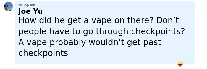 Comment discussing how a man caught vaping on plane managed to bring a vape past airport checkpoints.
