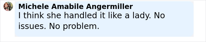 Comment by Michele Amabile Angermiller stating she handled the situation like a lady with no issues or problems.