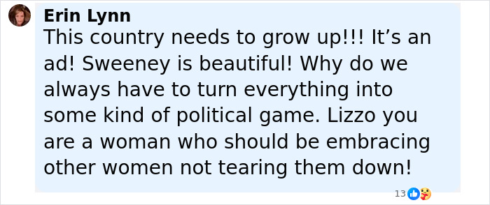 Screenshot of a social media comment defending Sydney Sweeney amid Lizzo parody and ad controversy online.