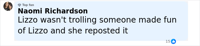 Comment from Naomi Richardson discussing Lizzo's response to Sydney Sweeney ad controversy by reposting a parody.