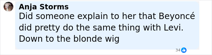Comment by Anja Storms discussing Beyoncé's similar ad with Levi, referencing a blonde wig in the Lizzo and Sydney Sweeney parody controversy. - 11