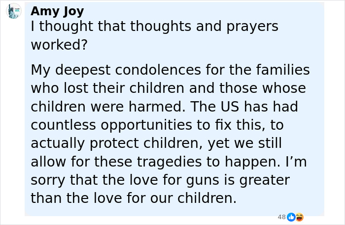 Comment by Amy Joy expressing condolences and frustration over gun violence after Minneapolis massacre culprit's manifesto release.