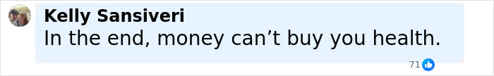 Text message from Kelly Sansiveri saying In the end, money can’t buy you health, with 71 likes referencing Kelly Clarkson devastated after ex’s passing at 48. Text message from Kelly Sansiveri saying In the end, money can’t buy you health, with 71 likes referencing Kelly Clarkson devastated after ex’s passing at 48.