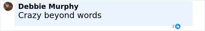 Facebook comment by Debbie Murphy saying Crazy beyond words against a light blue background. Facebook comment by Debbie Murphy saying Crazy beyond words against a light blue background.