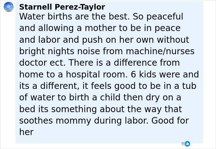 Comment discussing the peaceful experience of water births compared to hospital births, emphasizing comfort during labor. - 23