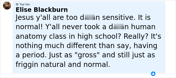 Screenshot of a social media comment defending Calvin Harris sharing photos of placenta and the encapsulation process as natural and normal. - 24