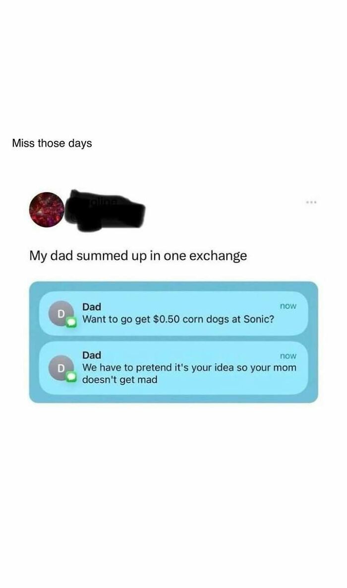 Heartwarming text exchange where dad suggests getting corn dogs and making it pretend idea to avoid mom's anger.