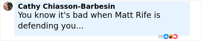 Screenshot of a Facebook comment by Cathy Chiasson-Barbesin referencing comedian Matt Rife defending someone.