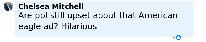 Screenshot of social media comment mentioning backlash over American eagle ad amid Birds of a Feather controversy.