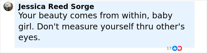 Comment from Jessica Reed Sorge offering comforting words about inner beauty to a teen daughter after a dog mauling incident.