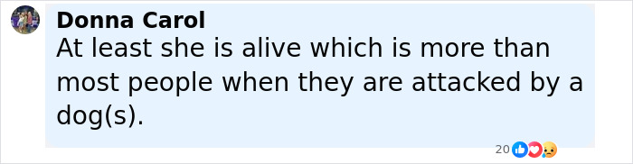 Comment on social media about a teen daughter's experience after being mauled by a pack of dogs expressing relief she is alive.