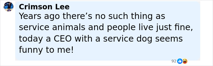 Comment from Crimson Lee questioning the existence of service animals as an Uber driver knocks out CEO with service dog.