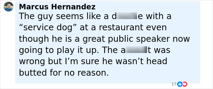 Comment by Marcus Hernandez discussing a service dog incident involving an Uber driver and public speaker.