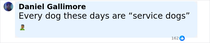 Comment by Daniel Gallimore stating every dog these days are service dogs, referencing Uber driver service dog incident.