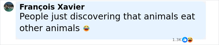 Facebook comment by François Xavier reacting with laughter emoji, humorously noting people discovering animals eat other animals. - 35