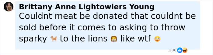 Comment from social media discussing donating pets to feed zoo predators, mentioning sparky and lions, referencing donation concerns. - 31