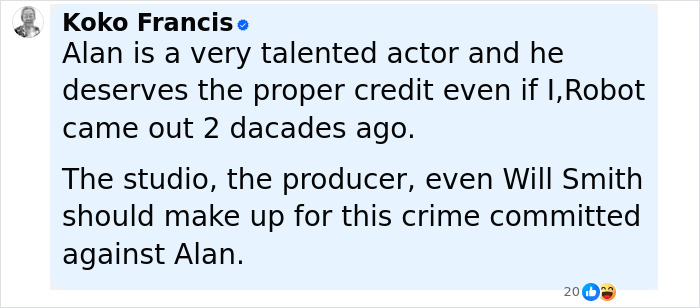 Comment by Koko Francis accusing studio of removing co-actor&rsquo;s name from publicity, related to Will Smith&rsquo;s project controversy.