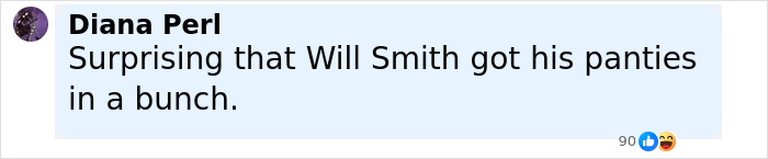 Comment by Diana Perl on social media, reacting to Will Smith with a shocked and laughing emoji.