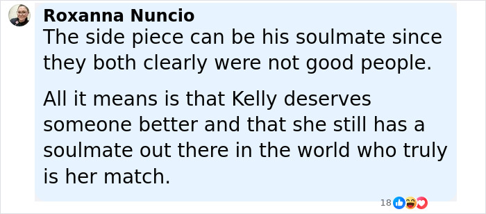 Comment by Roxanna Nuncio discussing Kelly Clarkson's ex-assistant as Brandon Blackstock's soulmate in a social media post.