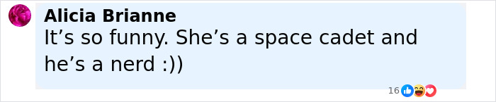 Comment by Alicia Brianne expressing amusement about a space cadet and a nerd, with reactions visible.