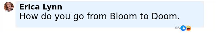 User comment saying How do you go from Bloom to Doom, referencing Orlando Bloom trolling Katy Perry and Justin Trudeau dating rumors.
