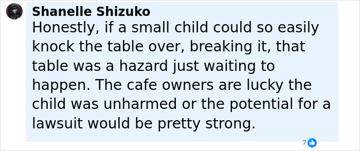 Comment from Shanelle Shizuko discussing a 3-year-old breaking a $1,600 table at a caf&eacute; and potential legal risks.