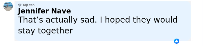 Comment by Jennifer Nave expressing sadness about a breakup, hoping the couple would stay together.