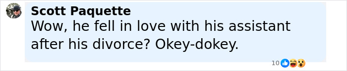 Comment by Scott Paquette about falling in love with Brandon Blackstock&rsquo;s assistant after his divorce, displayed on a social media post.