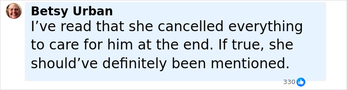 Comment by Betsy Urban discussing care and mention of Kelly Clarkson's ex-assistant in Brandon Blackstock's obituary.