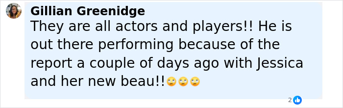 Screenshot of a social media comment discussing Jessica Alba and her ex-husband spotted with a younger model.