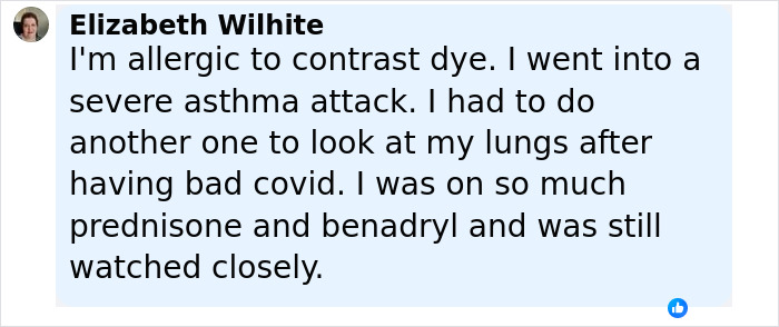 Comment from Elizabeth Wilhite explaining allergic reaction to contrast dye and monitoring during lung CT scan after COVID.