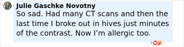 Comment from Julie Gaschke Novotny mentioning allergic reaction after multiple CT scans, related to law graduate passing.