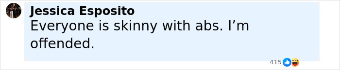 Text post by Jessica Esposito saying she is offended by skinny people with abs, related to Gap jeans ad response to American Eagle.