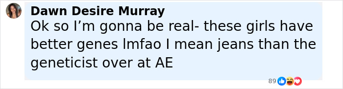 Comment on social media discussing Gap and American Eagle jeans in a casual conversation by Dawn Desire Murray.