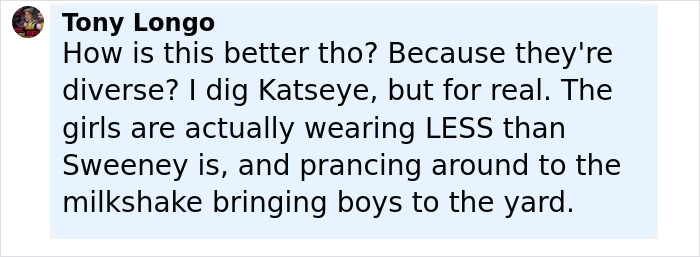 Screenshot of a social media comment discussing diversity and attire in Gap and American Eagle jeans ads.
