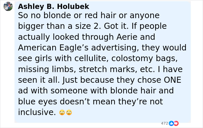 Comment from Ashley B. Holubek discussing inclusivity in American Eagle and Gap jeans advertising campaigns.