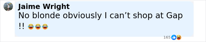 Social media comment reacting to Gap jeans ad referencing blonde representation in fashion marketing.